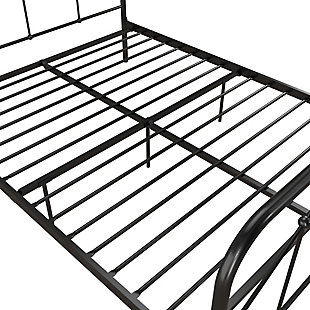 The Novogratz Francis Farmhouse Metal Bed is a chic rustic barnyard dream come true! With its rounded headboard and footboard that features geometric-patterned finial posts, the Francis has a farmhouse feel that can elevate bedrooms of any style. Built with a sturdy metal construction, its frame includes secured metal slats, metal side rails, and additional metal center legs to offer complete support and long lasting durability. What’s more, thanks to the slats, you won’t need to purchase any additional box spring or foundation – all you need is your favorite mattress (sold separately). For added functionality, the Francis has an adjustable base height with a 6.5” or 11” clearance to accommodate your under-bed storage needs. Whether you need space for shoes or seasonal clothing, this metal bed has the small space living solution for you. The Novogratz Francis Farmhouse Metal Bed is available in multiple colors and size combinations to make sure the right option is available to fit your bedroom needs!This metal bed has a rustic barnyard chic design that features geometric-patterned finial posts. | Sturdy metal construction that features metal side rails and additional metal center legs to offer support and durability. Design includes secured metal slats to allow for mattress breathability. | Adjustable base height – 6.5” or 11” clearance – to accommodate your under bed storage needs. | Ships in one easy-to-handle box. Quick assembly. Available in multiple size and colors. | Assembly required | Does not require a box spring or additional foundation.
