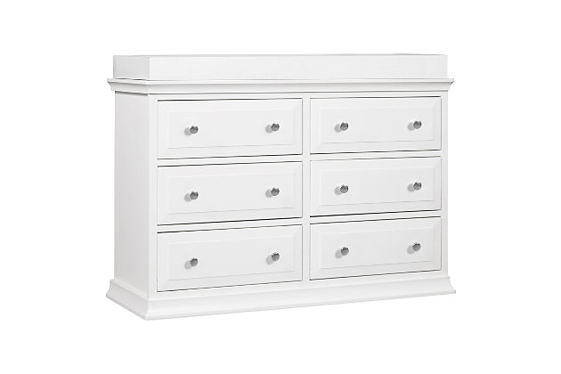 With its sharp design and stately appeal, the Signature 6-Drawer Double Dresser is as functional as it is regal. It has six large drawers that offer ample storage space for all of your baby’s needs.Durability: 6 spacious drawers that can hold all the adorable baby clothes, blanket, and more. We've built this dresser with features like additional corner blocks and support bars to make it sturdier and long-lasting | Versatile design: changing station now. Big kid dresser later! This dresser is designed so that you can add a davinci changing tray to use as a convenient changing station during the baby years. | Smooth glide: euro drawer glides make opening the drawers easy even when your hands are full with your baby | Metal knobs: this dresser features upgraded metal knobs that protect it from easy nicks and damages | Easy assembly: we've done the hardest part for you! Drawer glides come pre-assembled so that you can put your dresser together more quickly and start enjoying your nursery sooner | Quality material: made of solid sustainable new zealand pinewood and tsca compliant engineered wood -only the best for your baby | For your baby's safety: say goodbye to toxic chemicals! Finished in a non-toxic multi-step painting process and lead and phthalate safe. Rest assured knowing it exceeds astm international and u.s. Cpsc safety standards. Stop mechanism and anti-tip kit included for additional safety
