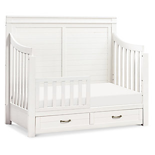 Reminiscent of the idyllic countryside, the Wesley Farmhouse 4-in-1 Convertible Crib takes inspiration from classic, farmhouse style. With the addition of an under drawer, the Wesley Crib provides ample space for your baby’s necessities, while its rustic shiplap design combines with graceful curves to create a cozy place for your baby to sleep.Greenguard gold certified: this product has been tested for over 10,000 chemical emissions and vocs, undergoing rigorous scientific testing to meet some of the world's most stringent chemical emissions requirements. It contributes to cleaner indoor air to ensure the health and safety of your family and home. | 4-in-1 convertibility: our cribs adapt as your baby grows, even into teen years. Designed to easily convert to a toddler bed, daybed, and full-size bed. (toddler bed conversion kit and full-size bed conversion kit  each sold separately) | Grows with baby: our cribs have 4 adjustable mattress positions to help transition as your baby grows from newborn to toddler. Easily lower the mattress position as your baby begins to sit, pull up, and stand. | Quality materials: we source materials with your family in mind. Our furniture is made of solid, sustainable poplar and tsca compliant engineered wood. | Breathe easy: we know chemicals have no place in your nursery so we use a non-toxic multi-step painting process that is lead and phthalate safe. This product meets or exceeds astm international and u.s. Cpsc safety standards. | Thoughtful details: a texturized wood finish and shiplap design capture classic farmhouse style. | Extra storage: a convenient under drawer provides extra storage of your baby’s necessities.