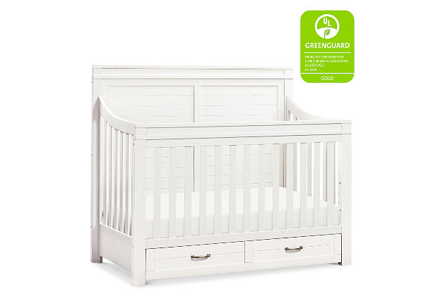 Reminiscent of the idyllic countryside, the Wesley Farmhouse 4-in-1 Convertible Crib takes inspiration from classic, farmhouse style. With the addition of an under drawer, the Wesley Crib provides ample space for your baby’s necessities, while its rustic shiplap design combines with graceful curves to create a cozy place for your baby to sleep.Greenguard gold certified: this product has been tested for over 10,000 chemical emissions and vocs, undergoing rigorous scientific testing to meet some of the world's most stringent chemical emissions requirements. It contributes to cleaner indoor air to ensure the health and safety of your family and home. | 4-in-1 convertibility: our cribs adapt as your baby grows, even into teen years. Designed to easily convert to a toddler bed, daybed, and full-size bed. (toddler bed conversion kit and full-size bed conversion kit  each sold separately) | Grows with baby: our cribs have 4 adjustable mattress positions to help transition as your baby grows from newborn to toddler. Easily lower the mattress position as your baby begins to sit, pull up, and stand. | Quality materials: we source materials with your family in mind. Our furniture is made of solid, sustainable poplar and tsca compliant engineered wood. | Breathe easy: we know chemicals have no place in your nursery so we use a non-toxic multi-step painting process that is lead and phthalate safe. This product meets or exceeds astm international and u.s. Cpsc safety standards. | Thoughtful details: a texturized wood finish and shiplap design capture classic farmhouse style. | Extra storage: a convenient under drawer provides extra storage of your baby’s necessities.