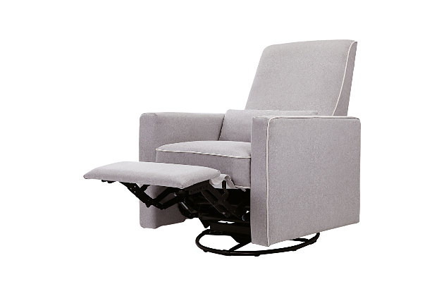 Crafted with new parents' and nursing mothers’ needs in mind, the Piper Recliner and Glider features 360 swivel motion, forward and backward gliding function and a plush pop-up leg rest to provide comfort for feeding and putting baby to rest.  Its reclining mechanisms are hidden and thoughtfully within easy reach.  Constructed of soft and durable heathered polyester fabric, the Piper Glider offers a timeless design and can be used well beyond the nursery years.Greenguard gold certified: this product has been tested for over 10,000 chemical emissions and vocs, undergoing rigorous scientific testing to meet some of the world's most stringent chemical emissions requirements. It contributes to cleaner indoor air, creating a healthier environment for your baby to sleep, play, and grow. | Designed for parent and baby: metal base that allows for a smooth and gentle 360 degree swivel motion and forward and backward gliding so you can be comfortable as you feed or rock your baby to sleep | Recline and relax: we've hidden the reclining mechanism for a more stylish, premium look.  prop up your legs on the plush leg rest and lean back for ultimate comfort. Easily open and close the leg rest without a struggle. | Comfortable headrest: being a parent is hard work! High back allows moms and dads to comfortably lean back for some much needed rest. | Bonus pillow: lumbar pillow included for additional lower back support | Easy set up: 1-step assembly! No tools required | Space efficient: the piper recliner provides ample space to sit comfortably without taking up a lot of space in your room