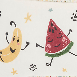 Bring your child’s imagination to life with this fruit party lumbar pillow by mina victory. Designed to inspire excitement, it features a group of yellow, purple, pink and green fruits dancing joyfully between confetti bursts and stars. This accent pillow is handcrafted from soft cotton with a cozy polyester fill.Handcrafted from 100% cotton | Soft polyfill | Lumbar pillow | Shows colorful fruits dancing between confetti bursts and stars | Imported