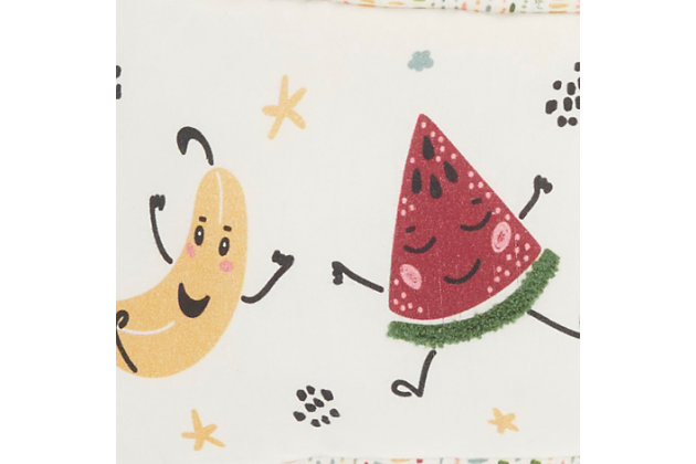 Bring your child’s imagination to life with this fruit party lumbar pillow by mina victory. Designed to inspire excitement, it features a group of yellow, purple, pink and green fruits dancing joyfully between confetti bursts and stars. This accent pillow is handcrafted from soft cotton with a cozy polyester fill.Handcrafted from 100% cotton | Soft polyfill | Lumbar pillow | Shows colorful fruits dancing between confetti bursts and stars | Imported