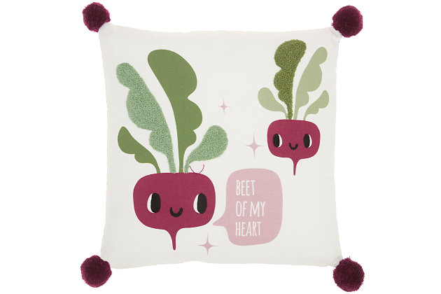 Two beets help kids express their love for veggies with this stylized throw pillow by mina victory. Its reverse side has an all-over pattern of heart-shaped beets nestled on a light purple background. Handcrafted of soft cotton, this accent pillow has a polyester insert, purple pom-pom detailing and a hidden zipper closure.Handcrafted from 100% cotton | Soft polyfill; hidden zipper closure | Purple pom-pom detailing | Reversible side has pattern of heart-shaped beets nestled on a light purple background | "beet of my heart" wording | Spot clean | Imported