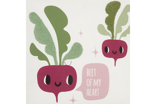 Two beets help kids express their love for veggies with this stylized throw pillow by mina victory. Its reverse side has an all-over pattern of heart-shaped beets nestled on a light purple background. Handcrafted of soft cotton, this accent pillow has a polyester insert, purple pom-pom detailing and a hidden zipper closure.Handcrafted from 100% cotton | Soft polyfill; hidden zipper closure | Purple pom-pom detailing | Reversible side has pattern of heart-shaped beets nestled on a light purple background | "beet of my heart" wording | Spot clean | Imported