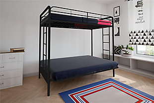 The versatile Atwater Living Metal Twin Over Futon Bunk Bed is the small space solution you have been looking for! The simple design of the bunk bed makes it easy to blend with any décor aesthetic, and construction of the metal frame makes it secure and durable. For added safety, this bunk bed includes top bunk guardrails on all sides, secured metal slats, a childproof futon mechanism and two integrated ladders. From day to night, convert the bottom futon into a bed to create an extra full-size sleeping area for your kids’ sleepovers or your own unexpected overnight guests. Top bunk fits a standard twin-size mattress and futon fits a standard full-size mattress– sold separately. Available in multiple colors. No additional foundation required.Stylish contemporary design, available in black, white or silver. | Multi-functional design. Futon quickly, easily and safely converts into a full size sleeper | Mattress and futon mattress are sold separately. Maximum recommended upper mattress thickness of 6-in. | Side ladder, upper guard rails and childproof mechanism for added safety