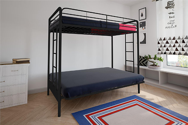 The versatile Atwater Living Metal Twin Over Futon Bunk Bed is the small space solution you have been looking for! The simple design of the bunk bed makes it easy to blend with any décor aesthetic, and construction of the metal frame makes it secure and durable. For added safety, this bunk bed includes top bunk guardrails on all sides, secured metal slats, a childproof futon mechanism and two integrated ladders. From day to night, convert the bottom futon into a bed to create an extra full-size sleeping area for your kids’ sleepovers or your own unexpected overnight guests. Top bunk fits a standard twin-size mattress and futon fits a standard full-size mattress– sold separately. Available in multiple colors. No additional foundation required.Stylish contemporary design, available in black, white or silver. | Multi-functional design. Futon quickly, easily and safely converts into a full size sleeper | Mattress and futon mattress are sold separately. Maximum recommended upper mattress thickness of 6-in. | Side ladder, upper guard rails and childproof mechanism for added safety