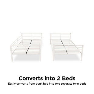 With the Atwater Living Jalan Twin Over Twin Convertible Metal Bunk Bed you get versatility and practicality like never before. Designed with a simple and modern style, the Jalan can compliment any room décor. With your child’s safety in mind, this metal bunk bed features 12.5-inch full-length guardrails and a secured ladder for safe and easy access to the top bunk. As your kids are get older or they move into a room with more space, the Jalan can grow with them as it easily converts from a bunk bed into two separate twin beds. With a 10-inch under bed clearance, you get more than enough room to store seasonal items and extra linens. Both beds include secured metal slats so that no additional box spring or foundation is required. Available in multiple colors.Designed in sleek and sturdy metal construction with crisp and clean lines | Easily converts from bunk bed into two separate twin beds | Conceived with safety in mind: it includes 12.5-inch high guardrails and a sturdy, slanted ladder that is fastened to the frame for safe climbing and easy access to the top bunk | Includes metal slats on top and bottom bunk so no foundation is required