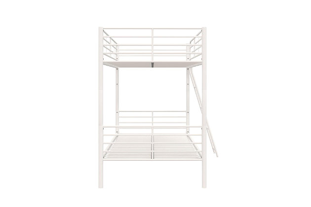 With the Atwater Living Jalan Twin Over Twin Convertible Metal Bunk Bed you get versatility and practicality like never before. Designed with a simple and modern style, the Jalan can compliment any room décor. With your child’s safety in mind, this metal bunk bed features 12.5-inch full-length guardrails and a secured ladder for safe and easy access to the top bunk. As your kids are get older or they move into a room with more space, the Jalan can grow with them as it easily converts from a bunk bed into two separate twin beds. With a 10-inch under bed clearance, you get more than enough room to store seasonal items and extra linens. Both beds include secured metal slats so that no additional box spring or foundation is required. Available in multiple colors.Designed in sleek and sturdy metal construction with crisp and clean lines | Easily converts from bunk bed into two separate twin beds | Conceived with safety in mind: it includes 12.5-inch high guardrails and a sturdy, slanted ladder that is fastened to the frame for safe climbing and easy access to the top bunk | Includes metal slats on top and bottom bunk so no foundation is required