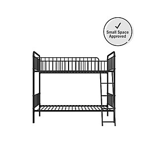 Create a restful environment with the Atwater Living Kalvin Twin over Twin Metal Bunk Bed. Ideal for any small living space as it occupies less floor all while accommodating you with two individual twin beds. This trendy industrial loft is founded with a sturdy metal frame that is available in white and black. The simple straight lines on the frame allow you to easily complement this bunk bed into any existing bedroom décor. The secured metal slats and full-length guardrails provides the outmost support and durability – yes, it’s even able to withstand your energetic child. With an integrated ladder, it’s easy for your children to go up and down the bunk bed with ease. But wait there’s more! With 10.5 inches of under-bed clearance, optimize this space as extra storage. The top and bottom bunk can support up to 200lb and 225lb respectively in maximum support. Ships in one box for easy handling and assembles quickly. The Kalvin Bunk Bed is the perfect addition for any growing family, sharing bedroom or for those who simply love having sleepovers with family and friends!Trendy industrial loft style, designed compactly for space saving. It has 10.5 inches of under-bed clearance to fit storage bins (sold separately) | Designed with safety in mind with a sturdy metal frame, secured metal slats, full-length guardrails and an integrated ladder | Accommodates two standard size twin mattress, sold separately. Maximum mattress height for top bunk is 6 inches. Additional foundation not required | Available in black and white. Ships in 1 box and it is easy assembly
