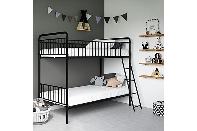 Create a restful environment with the Atwater Living Kalvin Twin over Twin Metal Bunk Bed. Ideal for any small living space as it occupies less floor all while accommodating you with two individual twin beds. This trendy industrial loft is founded with a sturdy metal frame that is available in white and black. The simple straight lines on the frame allow you to easily complement this bunk bed into any existing bedroom décor. The secured metal slats and full-length guardrails provides the outmost support and durability – yes, it’s even able to withstand your energetic child. With an integrated ladder, it’s easy for your children to go up and down the bunk bed with ease. But wait there’s more! With 10.5 inches of under-bed clearance, optimize this space as extra storage. The top and bottom bunk can support up to 200lb and 225lb respectively in maximum support. Ships in one box for easy handling and assembles quickly. The Kalvin Bunk Bed is the perfect addition for any growing family, sharing bedroom or for those who simply love having sleepovers with family and friends!Trendy industrial loft style, designed compactly for space saving. It has 10.5 inches of under-bed clearance to fit storage bins (sold separately) | Designed with safety in mind with a sturdy metal frame, secured metal slats, full-length guardrails and an integrated ladder | Accommodates two standard size twin mattress, sold separately. Maximum mattress height for top bunk is 6 inches. Additional foundation not required | Available in black and white. Ships in 1 box and it is easy assembly