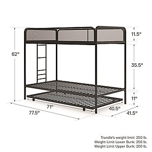 A triple bunk bed… that calls screams fun, fun and more fun! Our Atwater Living Elia Triple Metal Bunk Bed is the ultimate bedding solution for any growing family, siblings and sleepovers. Designed with a modern flair and simple silhouette it’s sure to liven up any bedroom and décor. This space-saving functionality occupies less flooring space and is still able to accommodate three… yes, three mattresses! Built with a sturdy metal frame, -length guardrails on the top bunk and secured metal slats, we promise to deliver both support and comfort. Its sturdiness will even be able to withstand three excited and energetic children. An integrated ladder ensures that your children and guests will be able to go up and down the bunk safely and with an ease. Ships in one box and it’s easy to assemble. Available in Grey, White and Black, our Atwater Living Elia Triple Metal Bunk Bed will make going to bed an adventure, every night!Ultimate space saver, ideal for bedrooms as it fits three standard size mattresses (sold separately). Trundle includes four (4) easy-glide casters – 2 loc and 2 non-loc | Includes 11.5-inch -length guardrails on the top bunk, secured metal slats and a built-in ladder to climb up and down. Maximum mattress height for top bunk and trundle is 6 inches | Ships in one box and it’s easy to assemble. Available in grey, white and black | Bunk bed dimensions: 77.5"l x 41.5"w x 62"h. Trundle dimensions: 71"l x 40.5"w x 3.5"h. Weight limit top bunk: 200 lb. Weight limit bottom bunk: 250 lb. Weight limit trundle: 250 lb.