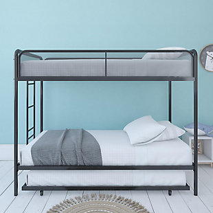 A triple bunk bed… that calls screams fun, fun and more fun! Our Atwater Living Elia Triple Metal Bunk Bed is the ultimate bedding solution for any growing family, siblings and sleepovers. Designed with a modern flair and simple silhouette it’s sure to liven up any bedroom and décor. This space-saving functionality occupies less flooring space and is still able to accommodate three… yes, three mattresses! Built with a sturdy metal frame, -length guardrails on the top bunk and secured metal slats, we promise to deliver both support and comfort. Its sturdiness will even be able to withstand three excited and energetic children. An integrated ladder ensures that your children and guests will be able to go up and down the bunk safely and with an ease. Ships in one box and it’s easy to assemble. Available in Grey, White and Black, our Atwater Living Elia Triple Metal Bunk Bed will make going to bed an adventure, every night!Ultimate space saver, ideal for bedrooms as it fits three standard size mattresses (sold separately). Trundle includes four (4) easy-glide casters – 2 loc and 2 non-loc | Includes 11.5-inch -length guardrails on the top bunk, secured metal slats and a built-in ladder to climb up and down. Maximum mattress height for top bunk and trundle is 6 inches | Ships in one box and it’s easy to assemble. Available in grey, white and black | Bunk bed dimensions: 77.5"l x 41.5"w x 62"h. Trundle dimensions: 71"l x 40.5"w x 3.5"h. Weight limit top bunk: 200 lb. Weight limit bottom bunk: 250 lb. Weight limit trundle: 250 lb.