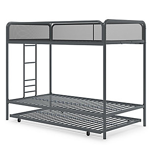 A triple bunk bed… that calls screams fun, fun and more fun! Our Atwater Living Elia Triple Twin Metal Bunk Bed is the ultimate bedding solution for any growing family, siblings and sleepovers. Designed with a modern flair and simple silhouette it’s sure to liven up any bedroom and décor. This space-saving functionality occupies less flooring space and is still able to accommodate three… yes, three twin mattresses! Built with a sturdy metal frame, full-length guardrails on the top bunk and secured metal slats, we promise to deliver both support and comfort. Its sturdiness will even be able to withstand three excited and energetic children. An integrated ladder ensures that your children and guests will be able to go up and down the bunk safely and with an ease. Ships in one box and it’s easy to assemble. Available in Grey, White and Black, our Atwater Living Elia Triple Twin Metal Bunk Bed will make going to bed an adventure, every night!Ultimate space saver, ideal for small bedrooms as it fits three standard twin size mattresses (sold separately). Trundle includes four (4) easy-glide casters – 2 locking and 2 non-locking | Includes 11.5-inch full-length guardrails on the top bunk, secured metal slats and a built-in ladder to climb up and down. Maximum mattress height for top bunk and trundle is 6 inches | Ships in one box and it’s easy to assemble. Available in grey, white and black | Bunk bed dimensions: 77.5"l x 41.5"w x 62"h. Trundle dimensions: 71"l x 40.5"w x 3.5"h. Weight limit top bunk: 200 lb. Weight limit bottom bunk: 250 lb. Weight limit trundle: 250 lb.