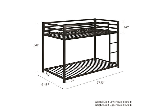 The Atwater Living Mason Metal over Bunk Bed is the ideal -space solution for any bedroom. Designed with industrial loft inspiration, it has a lower height than most average bunk beds - perfect for rooms with lower ceilings. Its sturdy metal bed frame features forms and functions that embodies a fashionable contemporary style. Both the upper and lower bunk include secured metal slats that provides optimal support for your mattress, while allowing air to circulate better by keeping your mattress fresher for longer. To ensure your child can climb up and down the bunk bed safely, there’s an integrated ladder secured to the frame. For added support, the upper bunk bed has 12.5” -length guardrails. This compact multi-functional piece saves you floor space while providing you with two beds. The upper and lower bunk bed can support up to 200lb and 250lb in maximum weight. To accommodate all your needs, the collection is available in Blue, Black and Silver Metal. Cheers to sleepovers with the Mason Bunk Bed!Space saving sleeping solution. Compact silhouette with an industrial design. | Made with a sturdy metal construction. Includes secured metal slats, 12.5-inch -length guardrails and a ladder integrated to the frame. | Accommodates two standard size mattresses (sold separately). Maximum mattress height for top bunk is 6 inches. Available in multiple colors. | - bed dimensions: 77.5”l x 41.5”w x 54”h. Lower bunk weight limit: 250 lb. Upper bunk weight limit: 200 lb.