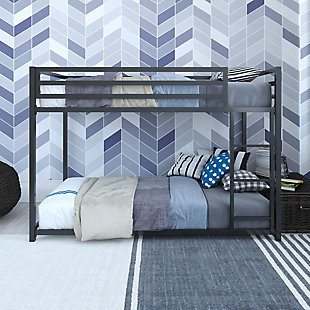 The Atwater Living Mason Metal over Bunk Bed is the ideal -space solution for any bedroom. Designed with industrial loft inspiration, it has a lower height than most average bunk beds - perfect for rooms with lower ceilings. Its sturdy metal bed frame features forms and functions that embodies a fashionable contemporary style. Both the upper and lower bunk include secured metal slats that provides optimal support for your mattress, while allowing air to circulate better by keeping your mattress fresher for longer. To ensure your child can climb up and down the bunk bed safely, there’s an integrated ladder secured to the frame. For added support, the upper bunk bed has 12.5” -length guardrails. This compact multi-functional piece saves you floor space while providing you with two beds. The upper and lower bunk bed can support up to 200lb and 250lb in maximum weight. To accommodate all your needs, the collection is available in Blue, Black and Silver Metal. Cheers to sleepovers with the Mason Bunk Bed!Space saving sleeping solution. Compact silhouette with an industrial design. | Made with a sturdy metal construction. Includes secured metal slats, 12.5-inch -length guardrails and a ladder integrated to the frame. | Accommodates two standard size mattresses (sold separately). Maximum mattress height for top bunk is 6 inches. Available in multiple colors. | - bed dimensions: 77.5”l x 41.5”w x 54”h. Lower bunk weight limit: 250 lb. Upper bunk weight limit: 200 lb.