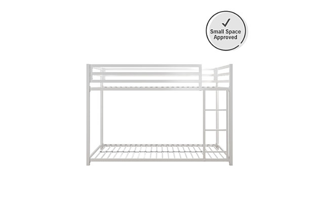 The Atwater Living Mason Metal Twin over Twin Bunk Bed is the ideal small-space solution for any bedroom. Designed with industrial loft inspiration, it has a lower height than most average bunk beds - perfect for rooms with lower ceilings. Its sturdy metal bed frame features forms and functions that embodies a fashionable contemporary style. Both the upper and lower bunk include secured metal slats that provides optimal support for your mattress, while allowing air to circulate better by keeping your mattress fresher for longer. To ensure your child can climb up and down the bunk bed safely, there’s an integrated ladder secured to the frame. For added support, the upper bunk bed has 12.5” full-length guardrails. This compact multi-functional piece saves you floor space while providing you with two full beds. The upper and lower bunk bed can support up to 200lb and 250lb in maximum weight. To accommodate all your needs, the collection is available in Blue, Black and Silver Metal. Cheers to sleepovers with the Mason Bunk Bed!Space saving sleeping solution. Compact silhouette with an industrial design. | Made with a sturdy metal construction. Includes secured metal slats, 12.5-inch full-length guardrails and a ladder integrated to the frame. | Accommodates two standard twin size mattresses (sold separately). Maximum mattress height for top bunk is 6 inches. Available in multiple colors. | Twin-twin bed dimensions: 77.5”l x 41.5”w x 54”h. Lower bunk weight limit: 250 lb. Upper bunk weight limit: 200 lb.