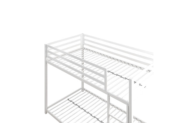 The Atwater Living Mason Metal Twin over Twin Bunk Bed is the ideal small-space solution for any bedroom. Designed with industrial loft inspiration, it has a lower height than most average bunk beds - perfect for rooms with lower ceilings. Its sturdy metal bed frame features forms and functions that embodies a fashionable contemporary style. Both the upper and lower bunk include secured metal slats that provides optimal support for your mattress, while allowing air to circulate better by keeping your mattress fresher for longer. To ensure your child can climb up and down the bunk bed safely, there’s an integrated ladder secured to the frame. For added support, the upper bunk bed has 12.5” full-length guardrails. This compact multi-functional piece saves you floor space while providing you with two full beds. The upper and lower bunk bed can support up to 200lb and 250lb in maximum weight. To accommodate all your needs, the collection is available in Blue, Black and Silver Metal. Cheers to sleepovers with the Mason Bunk Bed!Space saving sleeping solution. Compact silhouette with an industrial design. | Made with a sturdy metal construction. Includes secured metal slats, 12.5-inch full-length guardrails and a ladder integrated to the frame. | Accommodates two standard twin size mattresses (sold separately). Maximum mattress height for top bunk is 6 inches. Available in multiple colors. | Twin-twin bed dimensions: 77.5”l x 41.5”w x 54”h. Lower bunk weight limit: 250 lb. Upper bunk weight limit: 200 lb.