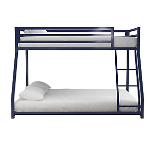 The Atwater Living Mason Metal Twin over Full Bunk Bed is the ideal small-space solution for any bedroom. Designed with industrial loft inspiration, it has a lower height than most average bunk beds - perfect for rooms with lower ceilings. Its sturdy metal bed frame features forms and functions that embodies a fashionable contemporary style. Both the upper and lower bunk include secured metal slats that provides optimal support for your mattress, while allowing air to circulate better by keeping your mattress fresher for longer. To ensure your child can climb up and down the bunk bed safely, there’s an integrated ladder secured to the frame. For added support, the upper bunk bed has 12.5” full-length guardrails. This compact multi-functional piece saves you floor space while providing you with two full beds. The upper and lower bunk bed can support up to 200lb and 450lb in maximum weight. To accommodate all your needs, the collection is available in Blue, Black and Silver Metal. Cheers to sleepovers with the Mason Bunk Bed!Space saving sleeping solution. Compact silhouette with an industrial design. | Made with a sturdy metal construction. Includes secured metal slats, 12.5-inch full-length guardrails and a ladder integrated to the frame. | Accommodates one standard twin size mattress and one full size mattress (sold separately). Maximum mattress height for top bunk is 6 inches. Available in multiple colors. | Twin-full bed dimensions: 77.5”l x 56.5”w x 54”h. Lower bunk weight limit: 450 lb. Upper bunk weight limit: 200 lb.