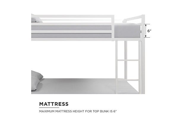 The Atwater Living Mason Metal over Bunk Bed is the ideal -space solution for any bedroom. Designed with industrial loft inspiration, it has a lower height than most average bunk beds - perfect for rooms with lower ceilings. Its sturdy metal bed frame features forms and functions that embodies a fashionable contemporary style. Both the upper and lower bunk include secured metal slats that provides optimal support for your mattress, while allowing air to circulate better by keeping your mattress fresher for longer. To ensure your child can climb up and down the bunk bed safely, there’s an integrated ladder secured to the frame. For added support, the upper bunk bed has 12.5” -length guardrails. This compact multi-functional piece saves you floor space while providing you with two beds. The upper and lower bunk bed can support up to 450lb and 300lb in maximum weight. To accommodate all your needs, the collection is available in Blue, Black and Silver Metal. Cheers to sleepovers with the Mason Bunk Bed!Space saving sleeping solution. Compact silhouette with an industrial design. | Made with a sturdy metal construction. Includes secured metal slats, 12.5-inch -length guardrails and a ladder integrated to the frame. | Accommodates two standard size mattresses (sold separately). Maximum mattress height for top bunk is 6 inches. Available in multiple colors. | - bed dimensions: 77.5”l x 56.5”w x 54”h. Upper bunk weight limit: 300 lb. Lower bunk weight limit: 450 lb.