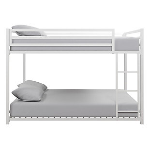 The Atwater Living Mason Metal over Bunk Bed is the ideal -space solution for any bedroom. Designed with industrial loft inspiration, it has a lower height than most average bunk beds - perfect for rooms with lower ceilings. Its sturdy metal bed frame features forms and functions that embodies a fashionable contemporary style. Both the upper and lower bunk include secured metal slats that provides optimal support for your mattress, while allowing air to circulate better by keeping your mattress fresher for longer. To ensure your child can climb up and down the bunk bed safely, there’s an integrated ladder secured to the frame. For added support, the upper bunk bed has 12.5” -length guardrails. This compact multi-functional piece saves you floor space while providing you with two beds. The upper and lower bunk bed can support up to 450lb and 300lb in maximum weight. To accommodate all your needs, the collection is available in Blue, Black and Silver Metal. Cheers to sleepovers with the Mason Bunk Bed!Space saving sleeping solution. Compact silhouette with an industrial design. | Made with a sturdy metal construction. Includes secured metal slats, 12.5-inch -length guardrails and a ladder integrated to the frame. | Accommodates two standard size mattresses (sold separately). Maximum mattress height for top bunk is 6 inches. Available in multiple colors. | - bed dimensions: 77.5”l x 56.5”w x 54”h. Upper bunk weight limit: 300 lb. Lower bunk weight limit: 450 lb.