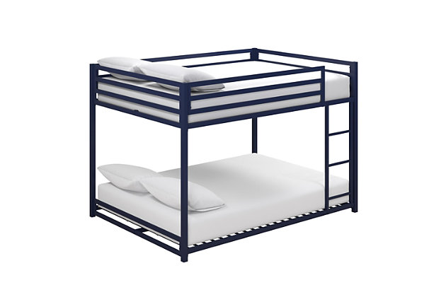The Atwater Living Mason Metal Full over Full Bunk Bed is the ideal small-space solution for any bedroom. Designed with industrial loft inspiration, it has a lower height than most average bunk beds - perfect for rooms with lower ceilings. Its sturdy metal bed frame features forms and functions that embodies a fashionable contemporary style. Both the upper and lower bunk include secured metal slats that provides optimal support for your mattress, while allowing air to circulate better by keeping your mattress fresher for longer. To ensure your child can climb up and down the bunk bed safely, there’s an integrated ladder secured to the frame. For added support, the upper bunk bed has 12.5” full-length guardrails. This compact multi-functional piece saves you floor space while providing you with two full beds. The upper and lower bunk bed can support up to 450lb and 300lb in maximum weight. To accommodate all your needs, the collection is available in Blue, Black and Silver Metal. Cheers to sleepovers with the Mason Bunk Bed!Space saving sleeping solution. Compact silhouette with an industrial design. | Made with a sturdy metal construction. Includes secured metal slats, 12.5-inch full-length guardrails and a ladder integrated to the frame. | Accommodates two standard full size mattresses (sold separately). Maximum mattress height for top bunk is 6 inches. Available in multiple colors. | Full-full bed dimensions: 77.5”l x 56.5”w x 54”h. Upper bunk weight limit: 300 lb. Lower bunk weight limit: 450 lb.