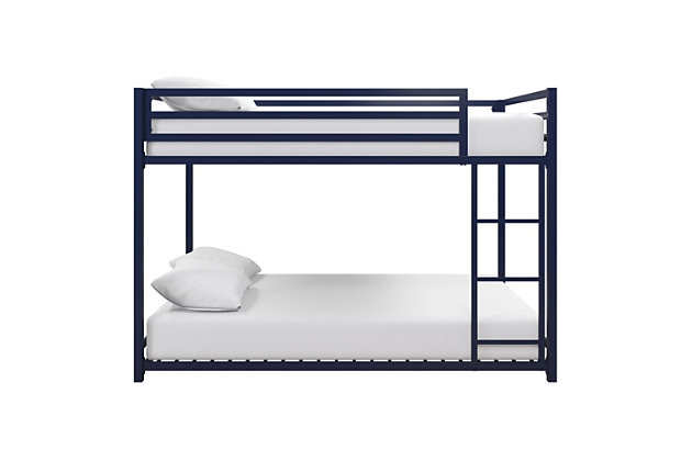 The Atwater Living Mason Metal Full over Full Bunk Bed is the ideal small-space solution for any bedroom. Designed with industrial loft inspiration, it has a lower height than most average bunk beds - perfect for rooms with lower ceilings. Its sturdy metal bed frame features forms and functions that embodies a fashionable contemporary style. Both the upper and lower bunk include secured metal slats that provides optimal support for your mattress, while allowing air to circulate better by keeping your mattress fresher for longer. To ensure your child can climb up and down the bunk bed safely, there’s an integrated ladder secured to the frame. For added support, the upper bunk bed has 12.5” full-length guardrails. This compact multi-functional piece saves you floor space while providing you with two full beds. The upper and lower bunk bed can support up to 450lb and 300lb in maximum weight. To accommodate all your needs, the collection is available in Blue, Black and Silver Metal. Cheers to sleepovers with the Mason Bunk Bed!Space saving sleeping solution. Compact silhouette with an industrial design. | Made with a sturdy metal construction. Includes secured metal slats, 12.5-inch full-length guardrails and a ladder integrated to the frame. | Accommodates two standard full size mattresses (sold separately). Maximum mattress height for top bunk is 6 inches. Available in multiple colors. | Full-full bed dimensions: 77.5”l x 56.5”w x 54”h. Upper bunk weight limit: 300 lb. Lower bunk weight limit: 450 lb.