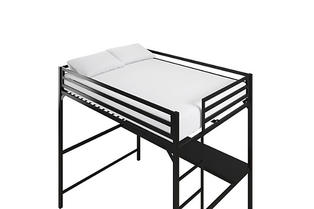 Inspired by modern industrial design, the Atwater Living Mason Metal Full Loft Bed with Desk is a fashionable statement piece you won’t be able to get enough of. The simplistic metal frame has a clean-cut silhouette that can be mix and matched with any existing décor. Designed with the purpose of maximizing your floor space, enjoy 58”of under-bed clearance and an integrated desk. Ideal for teenagers, turn this space into a workstation, a reading nook or a craft area. Safety comes first, and that’s why the integrated ladder is easy to climb up and down. The 14” full-length guardrails and secured heavy-duty metal slats promises to deliver optimal support and stability. Thanks to the slat support system benefit from increased air circulation and no additional foundation. The upper bunk bed supports up to 300lb in maximum weight with a recommended mattress height of 6”. Ships in one easy to handle box and assembles quickly. Available in black, blue and silver metal. The Mason Loft Bed is the perfect bedding option, made for small living spaces.Durable and sturdy metal frame designed with a clean-cut silhouette in a modern industrial style. | Space-saving solution. Includes a desk integrated to the frame and has 58” of under-bed clearance. | Upper bunk is equipped with secured metal slats that provide ample support and 14” full-length guardrails for ultimate safety. Maximum mattress recommended height of 6” (sold separately). | Full loft bed dimensions: 77.5”l x 56.5”w x 72”h. Upper bed weight limit: 300 lb. Desk weight limit: 50 lb.
