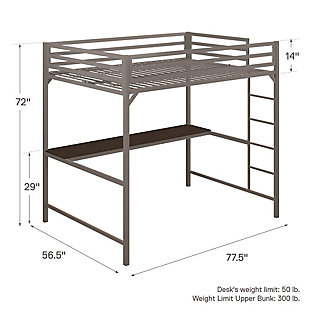 Inspired by modern industrial design, the Atwater Living Mason Metal Full Loft Bed with Desk is a fashionable statement piece you won’t be able to get enough of. The simplistic metal frame has a clean-cut silhouette that can be mix and matched with any existing décor. Designed with the purpose of maximizing your floor space, enjoy 58”of under-bed clearance and an integrated desk. Ideal for teenagers, turn this space into a workstation, a reading nook or a craft area. Safety comes first, and that’s why the integrated ladder is easy to climb up and down. The 14” full-length guardrails and secured heavy-duty metal slats promises to deliver optimal support and stability. Thanks to the slat support system benefit from increased air circulation and no additional foundation. The upper bunk bed supports up to 300lb in maximum weight with a recommended mattress height of 6”. Ships in one easy to handle box and assembles quickly. Available in black, blue and silver metal. The Mason Loft Bed is the perfect bedding option, made for small living spaces.Durable and sturdy metal frame designed with a clean-cut silhouette in a modern industrial style. | Space-saving solution. Includes a desk integrated to the frame and has 58” of under-bed clearance. | Upper bunk is equipped with secured metal slats that provide ample support and 14” full-length guardrails for ultimate safety. Maximum mattress recommended height of 6” (sold separately). | Full loft bed dimensions: 77.5”l x 56.5”w x 72”h. Upper bed weight limit: 300 lb. Desk weight limit: 50 lb.