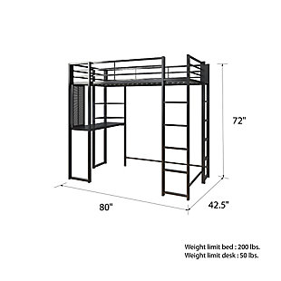 Ideal for small spaces, the Alix Twin Metal Loft Bed with Desk is the versatile addition your home needs! Built with a strong metal frame, guardrails, and built-in ladders it ensures safety at all times. The built-in desk, pegboard and two shelves offers all-in-one functionality for studying. It does not require a box spring as it comes with sturdy metal slats. The Alix is the ultimate combination of comfort and functionality!Designed for smaller spaces. It comes with a desk and shelves that offer ultimate versatility | Sleek and sturdy metal frame in an industrial loft style. It comes with two ladders, one front and one side, along with upper guardrails for added safety | All-in-one unit. It accommodates one twin-sized mattress of maximum 6" height (not included) | Product dimensions: 80"l x 42.5"w x 72"h. Weight limit bed: 200 lb. Weight limit desk: 50 lb.
