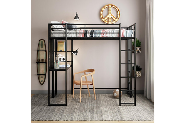 Ideal for small spaces, the Alix Twin Metal Loft Bed with Desk is the versatile addition your home needs! Built with a strong metal frame, guardrails, and built-in ladders it ensures safety at all times. The built-in desk, pegboard and two shelves offers all-in-one functionality for studying. It does not require a box spring as it comes with sturdy metal slats. The Alix is the ultimate combination of comfort and functionality!Designed for smaller spaces. It comes with a desk and shelves that offer ultimate versatility | Sleek and sturdy metal frame in an industrial loft style. It comes with two ladders, one front and one side, along with upper guardrails for added safety | All-in-one unit. It accommodates one twin-sized mattress of maximum 6" height (not included) | Product dimensions: 80"l x 42.5"w x 72"h. Weight limit bed: 200 lb. Weight limit desk: 50 lb.