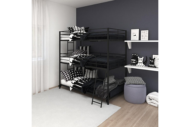 The Atwater Living Callum Metal Triple Bunk Bed is fun and safe! The sturdy metal frame, integrated ladders and secured slats provide stability to give you peace of mind. You will earn more than one “i love you” from your kids after the best sleepovers.Modern and industrial, the metal triple bunk bed was created for the ultimate small space living sleepover. | Built with a strong metal frame that includes secured metal slats, two integrated ladders and full-length guardrails on the top two bunks. | Fits three standard twin size mattresses (sold separately). For best comfort, we recommend a 6” height mattress to be used on the lower bunk.  for upper and middle bunks, ensure thickness of mattress is greater than 4” and does not exceed 6”. Available in multiple sizes and color combinations. | Ships in one easy-to-handle box. Quick assembly required. 1 year limited warranty.