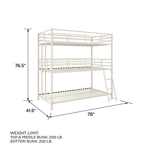 The Atwater Living Callum Metal Triple Bunk Bed is fun and safe! The sturdy metal frame, integrated ladders and secured slats provide stability to give you peace of mind. You will earn more than one “i love you” from your kids after the best sleepovers.Modern and industrial, the metal triple bunk bed was created for the ultimate small space living sleepover. | Built with a strong metal frame that includes secured metal slats, two integrated ladders and full-length guardrails on the top two bunks. | Fits three standard twin size mattresses (sold separately). For best comfort, we recommend a 6” height mattress to be used on the lower bunk.  for upper and middle bunks, ensure thickness of mattress is greater than 4” and does not exceed 6”. Available in multiple sizes and color combinations. | Ships in one easy-to-handle box. Quick assembly required. 1 year limited warranty.