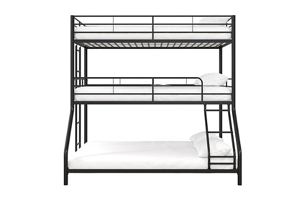 The Atwater Living Callum Metal Triple Bunk Bed is fun and safe! The sturdy metal frame, integrated ladders and secured slats provide stability to give you peace of mind. You will earn more than one “i love you” from your kids after the best sleepovers.Modern and industrial, the metal triple bunk bed was created for the ultimate small space living sleepover. | Built with a strong metal frame that includes secured metal slats, two integrated ladders and full-length guardrails on the top two bunks. | Fits two standard twin size mattresses and one standard full size mattress  (sold separately). For best comfort, we recommend a 6” height mattress to be used on the lower bunk.  for upper and middle bunks, ensure thickness of mattress is greater than 4” and does not exceed 6”. Available in multiple sizes and color combinations. | Ships in one easy-to-handle box. Quick assembly required. 1 year limited warranty.