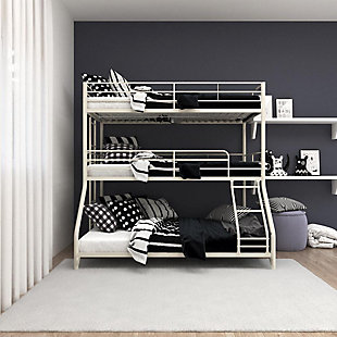 The Atwater Living Callum Metal Triple Bunk Bed is fun and safe! The sturdy metal frame, integrated ladders and secured slats provide stability to give you peace of mind. You will earn more than one “i love you” from your kids after the best sleepovers.Modern and industrial, the metal triple bunk bed was created for the ultimate small space living sleepover. | Built with a strong metal frame that includes secured metal slats, two integrated ladders and full-length guardrails on the top two bunks. | Fits two standard twin size mattresses and one standard full size mattress  (sold separately). For best comfort, we recommend a 6” height mattress to be used on the lower bunk.  for upper and middle bunks, ensure thickness of mattress is greater than 4” and does not exceed 6”. Available in multiple sizes and color combinations. | Ships in one easy-to-handle box. Quick assembly required. 1 year limited warranty.