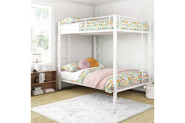 Needing to add an extra bed but there’s simply no space for one? Our Atwater Living Parker Full over Full Metal Bunk Bed is the perfect solution. This bunk bed has an integrated ladder that makes it easy for you to climb up and down without any hassle. Its sturdy metal frame ensures optimal support and durability. It is functional and space-saving that can fit seamlessly even in smaller spaces.Sturdy, metal frame. | Includes guard rails on top bunk and integrated ladder. Secured metal slats provide mattress support. No additional box spring or foundation required. | Accommodates two standard full-size mattresses, 75” x 54” (not included). Maximum upper mattress thickness of 6 inches. | Ships in one box and assembles easily. Available in multiple colors.