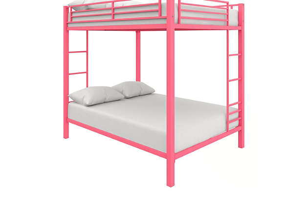 Needing to add an extra bed but there’s simply no space for one? Our Atwater Living Parker Full over Full Metal Bunk Bed is the perfect solution. This bunk bed has an integrated ladder that makes it easy for you to climb up and down without any hassle. Its sturdy metal frame ensures optimal support and durability. It is functional and space-saving that can fit seamlessly even in smaller spaces.Sturdy, metal frame. | Includes guard rails on top bunk and integrated ladder. Secured metal slats provide mattress support. No additional box spring or foundation required. | Accommodates two standard full-size mattresses, 75” x 54” (not included). Maximum upper mattress thickness of 6 inches. | Ships in one box and assembles easily. Available in multiple colors.