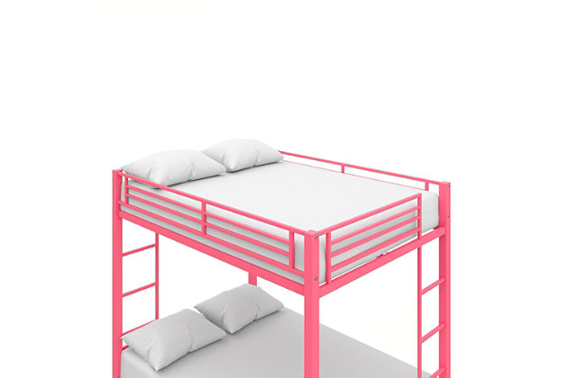 Needing to add an extra bed but there’s simply no space for one? Our Atwater Living Parker over Metal Bunk Bed is the perfect solution. This bunk bed has an integrated ladder that makes it easy for you to climb up and down without any hassle. Its sturdy metal frame ensures optimal support and durability. It is functional and space-saving that can fit seamlessly even in er spaces.Sturdy, metal frame. | Includes guard rails on top bunk and integrated ladder. Secured metal slats provide mattress support. No additional box spring or foundation required. | Accommodates two standard -size mattresses, 75” x 54” (not included). Maximum upper mattress thickness of 6 inches. | Ships in one box and assembles easily. Available in multiple colors.