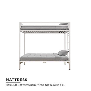 Get ready to draw eyes and complements with your new Atwater Living Mason Metal Twin over Futon. This multi-functional piece is the perfect furnishing option for any small living space. Designed with industrial appeal, this bunk bed is constructed with a sturdy metal frame. Included is a ladder for safe climbing and full-length guardrails that ensure stability and durability. In addition, take advantage of the secured metal slats that eliminate the need of any additional foundation or box spring. But wait were not done just yet. The futon is versatile and can easily convert into an additional bed. Convenient for any sleepovers this sleeping arrangement will have your friends wanting to stay over more often. When not in use, the futon can be used as your lounging area where you go when listening to music, reading a book or watching television. Available in several colors, the Mason bed and futon can support up to 200lb and 600lb. respectively in maximum weight. Ships in one easy to handle box and assembles quickly.Sturdy metal frame with industrial design. | Ideal for small space living. Futon converts into an extra sleeping area for sleepovers or overnight guests. | Pair with your favorite futon mattress (sold separately). | Ships in one box. Easy assembly. 1 year limited warranty.