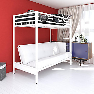 Get ready to draw eyes and complements with your new Atwater Living Mason Metal Twin over Futon. This multi-functional piece is the perfect furnishing option for any small living space. Designed with industrial appeal, this bunk bed is constructed with a sturdy metal frame. Included is a ladder for safe climbing and full-length guardrails that ensure stability and durability. In addition, take advantage of the secured metal slats that eliminate the need of any additional foundation or box spring. But wait were not done just yet. The futon is versatile and can easily convert into an additional bed. Convenient for any sleepovers this sleeping arrangement will have your friends wanting to stay over more often. When not in use, the futon can be used as your lounging area where you go when listening to music, reading a book or watching television. Available in several colors, the Mason bed and futon can support up to 200lb and 600lb. respectively in maximum weight. Ships in one easy to handle box and assembles quickly.Sturdy metal frame with industrial design. | Ideal for small space living. Futon converts into an extra sleeping area for sleepovers or overnight guests. | Pair with your favorite futon mattress (sold separately). | Ships in one box. Easy assembly. 1 year limited warranty.