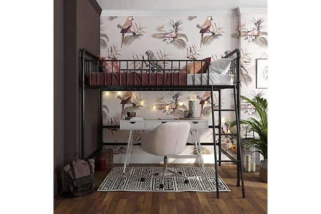 The Kalvin Metal Loft Bed is the perfect example that organization can be fun! Need extra room to put away toys and books? Just add some storage bins under the loft bed. Hosting a sleepover? Simply hang some sheets on the side and there you have it – a fort for your kids to have immeasurable fun with their friends. The possibilities are endless with the Kalvin Metal Loft Bed. Available in multiple colors. Fits a standard twin size mattress - sold separately. Additional foundation not required.Space saving design. Area under bed can be used for playing, lounging or studying | Sturdy metal frame with secure guardrails and ladder. Additional foundation not required | Accommodates a standard size twin mattress, sold separately | Product dimensions: 78"l x 56"w x 68"h. Weight limit: 200 lb. Clearance under bed: 48"