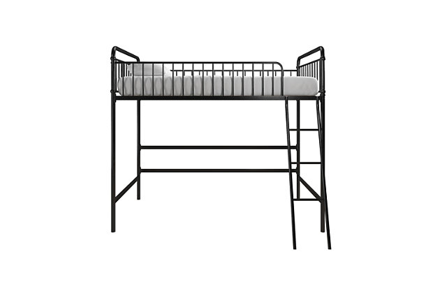 The Kalvin Metal Loft Bed is the perfect example that organization can be fun! Need extra room to put away toys and books? Just add some storage bins under the loft bed. Hosting a sleepover? Simply hang some sheets on the side and there you have it – a fort for your kids to have immeasurable fun with their friends. The possibilities are endless with the Kalvin Metal Loft Bed. Available in multiple colors. Fits a standard twin size mattress - sold separately. Additional foundation not required.Space saving design. Area under bed can be used for playing, lounging or studying | Sturdy metal frame with secure guardrails and ladder. Additional foundation not required | Accommodates a standard size twin mattress, sold separately | Product dimensions: 78"l x 56"w x 68"h. Weight limit: 200 lb. Clearance under bed: 48"