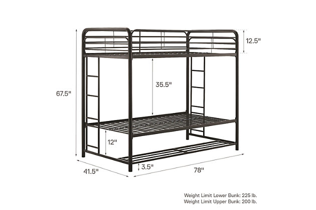 Small bedroom? No problem, we’ve got you covered with the Atwater Living Bethia Twin over Twin Bunk Bed with Storage Bins. This bunk bed is the ultimate space-saving design for any bedroom with limited floor space. The modern inspired frame, the clean-lined silhouette and solid black finish makes it easy to compliment with any décor. The sturdy metal construction includes full-length guardrails, 2 integrated ladders and a secured metal slat base that ensures stability and durability. The metal slats also allows the air to freely pass underneath you, making your mattress fresher, for longer! Designed to accommodate 2 twin mattresses (sold separately) and no additional foundation is required. What’s more, the under-bed clearance is fully optimized with six handy containers that provide you with ample extra storage space. Make use of the bins by storing away any books, toys or extra clothing. Ships in one easy to handle box and assembles quickly. The Bethia Bunk Bed is the perfect bedding option for any kids bedroom, growing family or guest room!Sturdy metal frame construction will last for years to come. Includes 6 storage bins beneath bottom bunk making ideal for neatly tucking away books and toys. | Includes 2 integrated side ladders providing positioning convenience as well as full-length guardrails to ensure safety. | Metal slats provide the right amount of support. Metal slat base provides better air flow circulation to keep mattress fresher longer. | Perfect for any kid's bedroom or guest room making it ideal for small spaces with its versatile design.