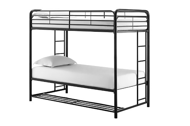 Small bedroom? No problem, we’ve got you covered with the Atwater Living Bethia Twin over Twin Bunk Bed with Storage Bins. This bunk bed is the ultimate space-saving design for any bedroom with limited floor space. The modern inspired frame, the clean-lined silhouette and solid black finish makes it easy to compliment with any décor. The sturdy metal construction includes full-length guardrails, 2 integrated ladders and a secured metal slat base that ensures stability and durability. The metal slats also allows the air to freely pass underneath you, making your mattress fresher, for longer! Designed to accommodate 2 twin mattresses (sold separately) and no additional foundation is required. What’s more, the under-bed clearance is fully optimized with six handy containers that provide you with ample extra storage space. Make use of the bins by storing away any books, toys or extra clothing. Ships in one easy to handle box and assembles quickly. The Bethia Bunk Bed is the perfect bedding option for any kids bedroom, growing family or guest room!Sturdy metal frame construction will last for years to come. Includes 6 storage bins beneath bottom bunk making ideal for neatly tucking away books and toys. | Includes 2 integrated side ladders providing positioning convenience as well as full-length guardrails to ensure safety. | Metal slats provide the right amount of support. Metal slat base provides better air flow circulation to keep mattress fresher longer. | Perfect for any kid's bedroom or guest room making it ideal for small spaces with its versatile design.