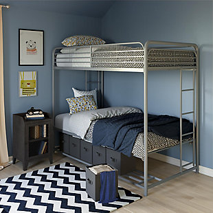 Small bedroom? No problem, we’ve got you covered with the Atwater Living Bethia Twin over Twin Bunk Bed with Storage Bins. This bunk bed is the ultimate space-saving design for any bedroom with limited floor space. The modern inspired frame, the clean-lined silhouette and solid silver finish makes it easy to compliment with any décor. The sturdy metal construction includes full-length guardrails, 2 integrated ladders and a secured metal slat base that ensures stability and durability. The metal slats also allows the air to freely pass underneath you, making your mattress fresher, for longer! Designed to accommodate 2 twin mattresses (sold separately) and no additional foundation is required. What’s more, the under-bed clearance is fully optimized with six handy containers that provide you with ample extra storage space. Make use of the bins by storing away any books, toys or extra clothing. Ships in one easy to handle box and assembles quickly. The Bethia Bunk Bed is the perfect bedding option for any kids bedroom, growing family or guest room!Sturdy metal frame construction will last for years to come. Includes 6 storage bins beneath bottom bunk making ideal for neatly tucking away books and toys. | Includes 2 integrated side ladders providing positioning convenience as well as full-length guardrails to ensure safety. | Metal slats provide the right amount of support. Metal slat base provides better air flow circulation to keep mattress fresher longer. | Perfect for any kid's bedroom or guest room making it ideal for small spaces with its versatile design.