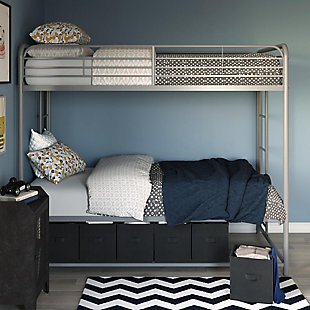 Small bedroom? No problem, we’ve got you covered with the Atwater Living Bethia Twin over Twin Bunk Bed with Storage Bins. This bunk bed is the ultimate space-saving design for any bedroom with limited floor space. The modern inspired frame, the clean-lined silhouette and solid silver finish makes it easy to compliment with any décor. The sturdy metal construction includes full-length guardrails, 2 integrated ladders and a secured metal slat base that ensures stability and durability. The metal slats also allows the air to freely pass underneath you, making your mattress fresher, for longer! Designed to accommodate 2 twin mattresses (sold separately) and no additional foundation is required. What’s more, the under-bed clearance is fully optimized with six handy containers that provide you with ample extra storage space. Make use of the bins by storing away any books, toys or extra clothing. Ships in one easy to handle box and assembles quickly. The Bethia Bunk Bed is the perfect bedding option for any kids bedroom, growing family or guest room!Sturdy metal frame construction will last for years to come. Includes 6 storage bins beneath bottom bunk making ideal for neatly tucking away books and toys. | Includes 2 integrated side ladders providing positioning convenience as well as full-length guardrails to ensure safety. | Metal slats provide the right amount of support. Metal slat base provides better air flow circulation to keep mattress fresher longer. | Perfect for any kid's bedroom or guest room making it ideal for small spaces with its versatile design.