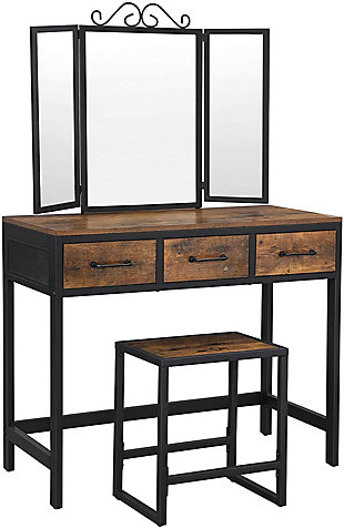 A rustic brown wooden surface, black metal edges and legs, slim handles, and dense metal mesh—the warm wood tones and cool industrial elements go together to lend a chic rustic flair.3 Drawers | Tri-Fold Mirror | 4 adjustable feet | Rustic brown wooden surface and a black metal frame | Assembly Required