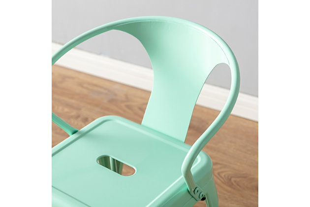 Versatile, sleek and sturdy- the Industrial Kids Chair is perfect for the contemporary kids' room. Made from durable steel, this kids' set is ideal for snack time, art projects and other activities. Each set includes two, fully assembled stools, so your little one can invite a friend. Choose from five fun colors.Solid Steel | Protective feet to prevent damage to floor | Handle in seat makes it easy to carry around | Set of 2