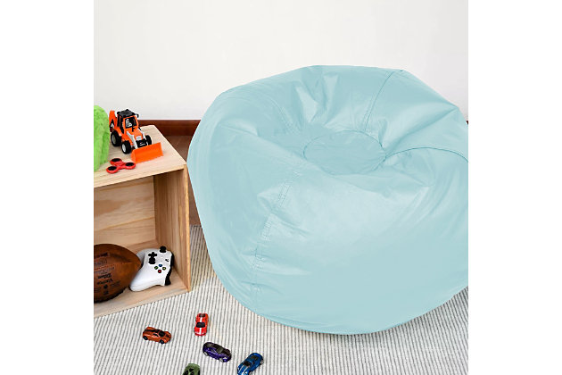 Tell traditional chairs to take a hike and upgrade your child's comfort and creativity with this 96" round Baby Blues Medium Vinyl Bean Bag. With an easy-clean matte vinyl cover that is filled with 100% polystyrene beads, this chair is sure to be your child's new favorite seat to read, watch movies and hangout. Made in the USA and available in eight trendy colors!Durable matte vinyl cover made from 100% polyester. | Filled with 100% polystyrene beads | 96 in round | Non-removable cover.
