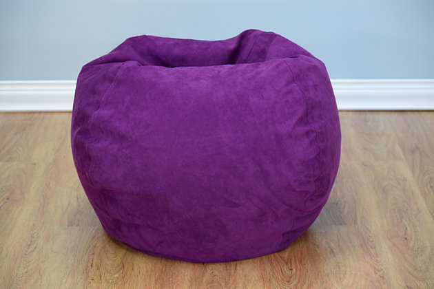 This Large Microsuede Bean Bag Chair in Purple is the ultimate casual cool. Bean bag chairs are a great seating option for your family room, home theater or teen room. The large size makes it roomy enough to curl up in with a favorite book, and trust us when we say you will never enjoy another movie night without it!Ultra-soft microsuede cover made from 100% polyester. | Filled with 100% polystyrene beads | 96 in round | Non-removable cover.